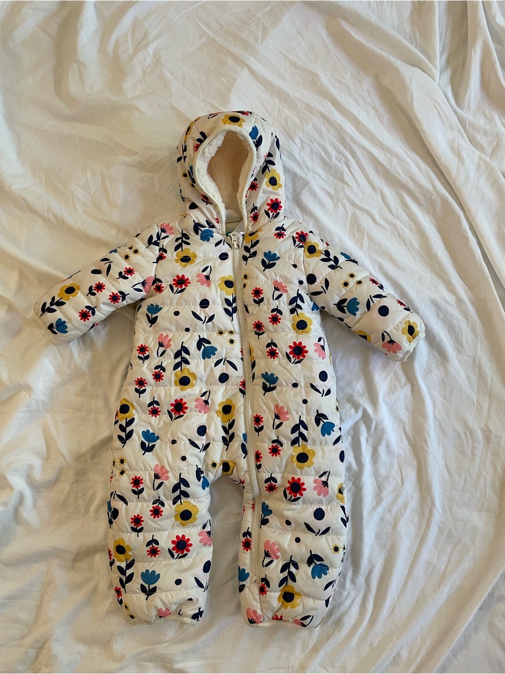 Baby Floral Print Hooded Puffer Bunting - White